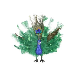 10" Colorful Green Regal Peacock Bird with Open Tail Feathers Christmas Decoration