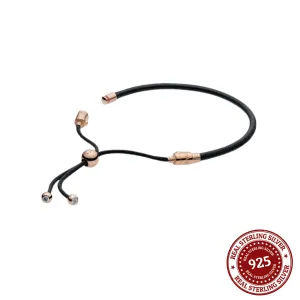 Black Leather Slider Cubic Zirconia With Rose Gold Bracelet