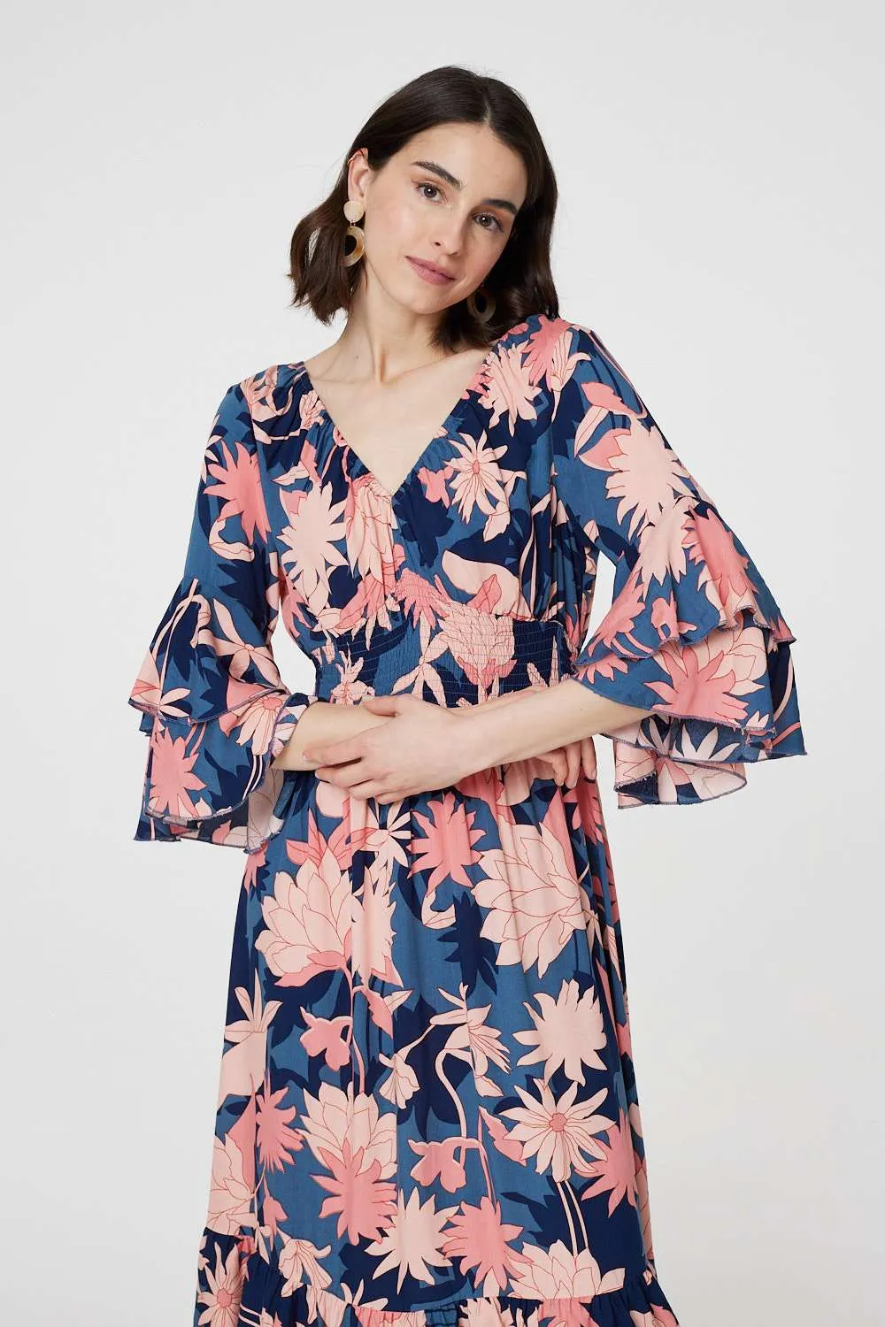 Floral 3/4 Sleeve Ruffled Midi Dress