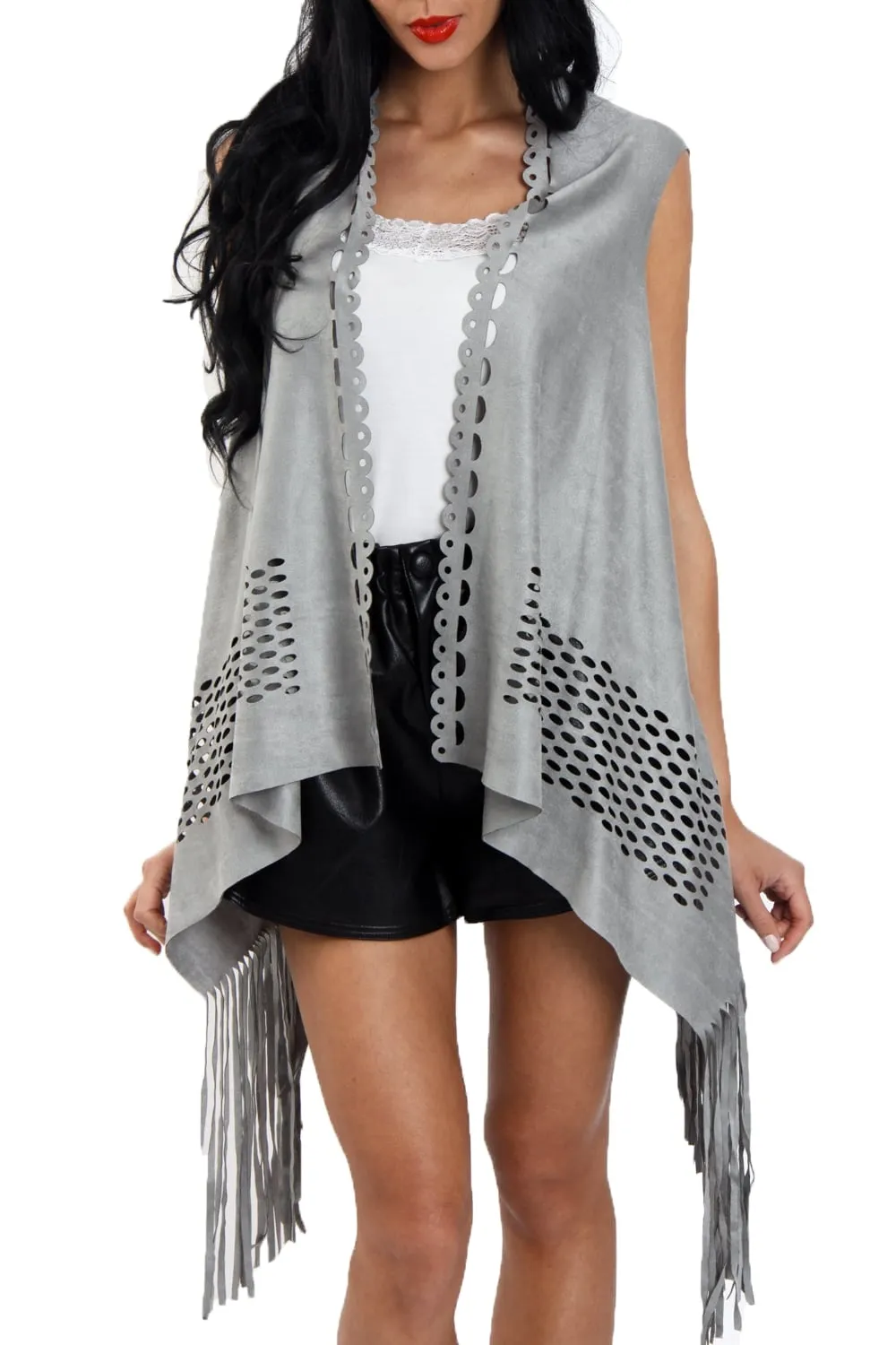 Laser Cut Faux Suede Waterfall Fringed Waistcoat