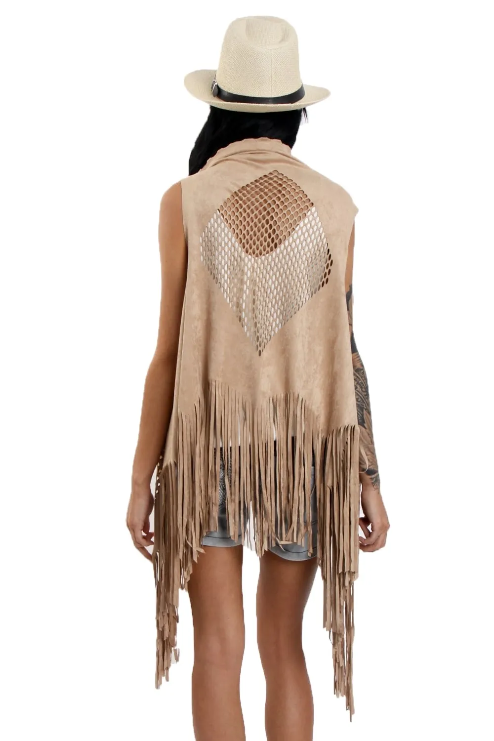 Laser Cut Faux Suede Waterfall Fringed Waistcoat