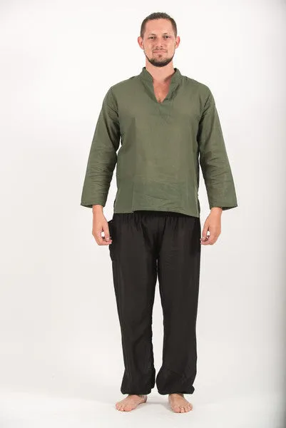 Mens V Neck Band Collar Yoga Shirt in Olive