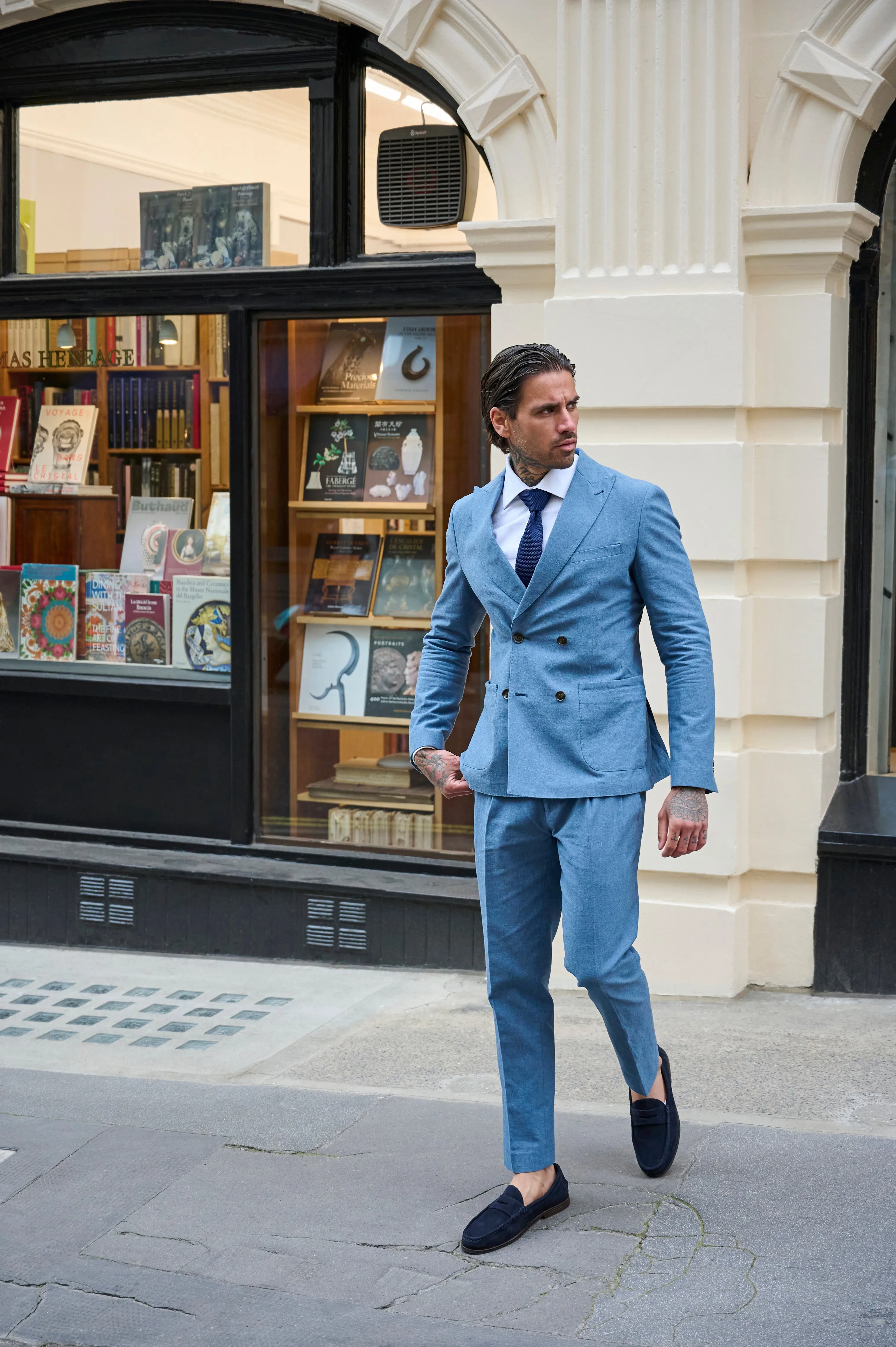 Oliver Slim Fit Linen Cotton Blend Double Breasted Suit Blazer in Mid Blue