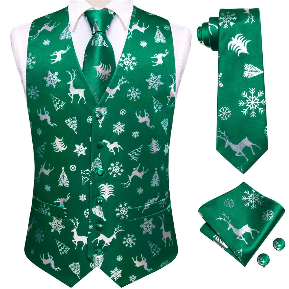 Ties2you Mens Green Silver Christmas Elements Silk Vest Necktie Set