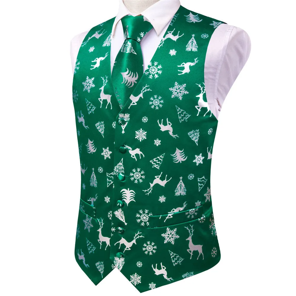 Ties2you Mens Green Silver Christmas Elements Silk Vest Necktie Set